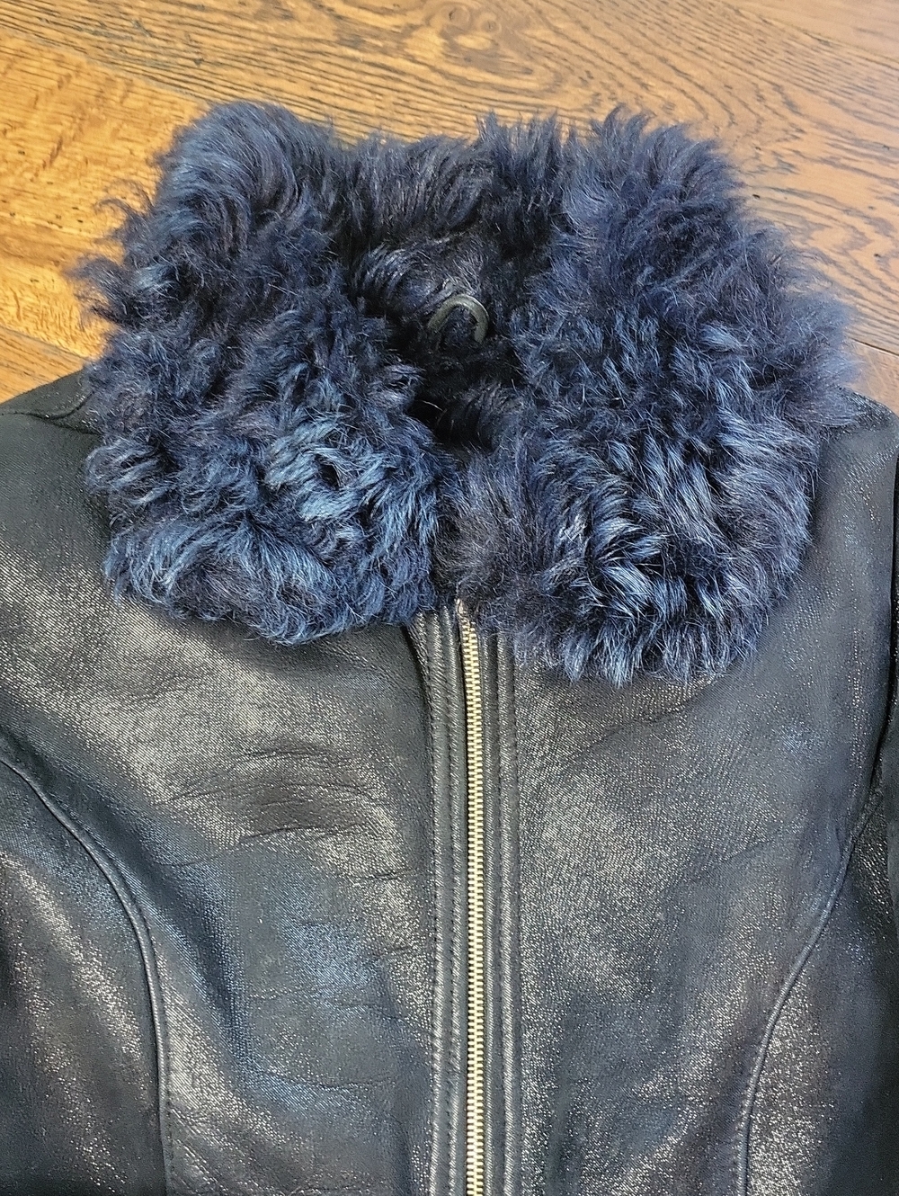Vintage Women's Navy Shearling-Trim Leather Jacket. Size S - Picture 5 of 12